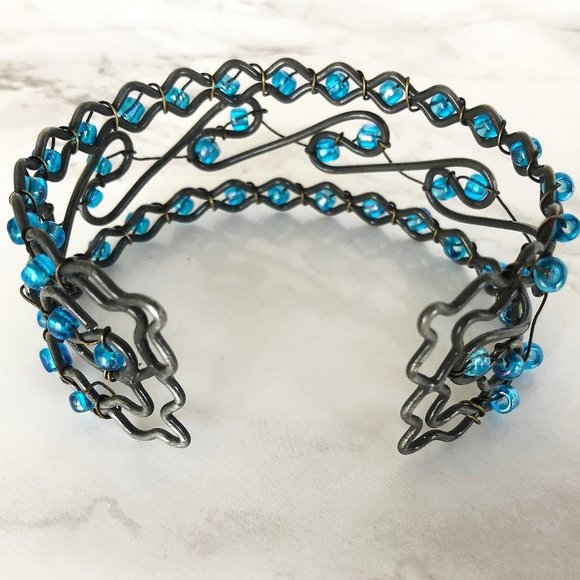 Vintage Silver Wired & Beaded Turquoise Wave Cuff Bracelet - Picture 4 of 4